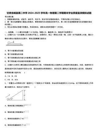 甘肃省岷县第二中学2024-2025学年高一物理第二学期期末学业质量监测模拟试题含解析