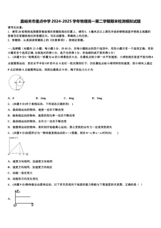 嘉峪关市重点中学2024-2025学年物理高一第二学期期末检测模拟试题含解析