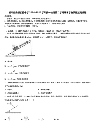甘肃省白银实验中学2024-2025学年高一物理第二学期期末学业质量监测试题含解析
