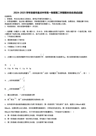 2024-2025学年张掖市重点中学高一物理第二学期期末综合测试试题含解析