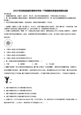 2025年甘肃省武威市第四中学高一下物理期末质量检测模拟试题含解析