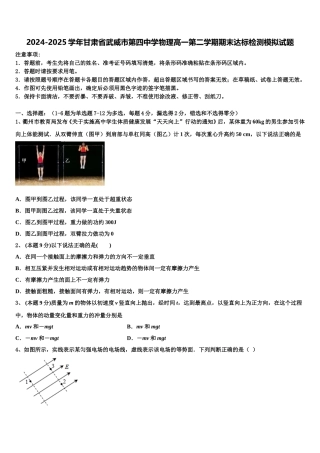 2024-2025学年甘肃省武威市第四中学物理高一第二学期期末达标检测模拟试题含解析