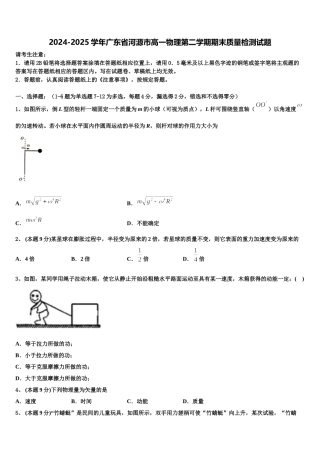 2024-2025学年广东省河源市高一物理第二学期期末质量检测试题含解析