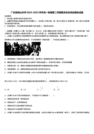 广东省阳山中学2024-2025学年高一物理第二学期期末综合测试模拟试题含解析