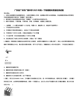 广东省广州市广雅中学2025年高一下物理期末质量检测试题含解析