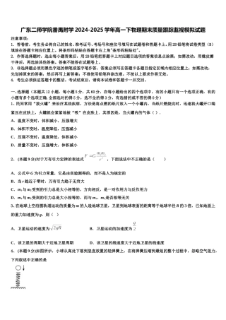 广东二师学院番禺附学2024-2025学年高一下物理期末质量跟踪监视模拟试题含解析