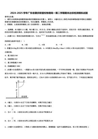 2024-2025学年广东省肇庆联盟校物理高一第二学期期末达标检测模拟试题含解析