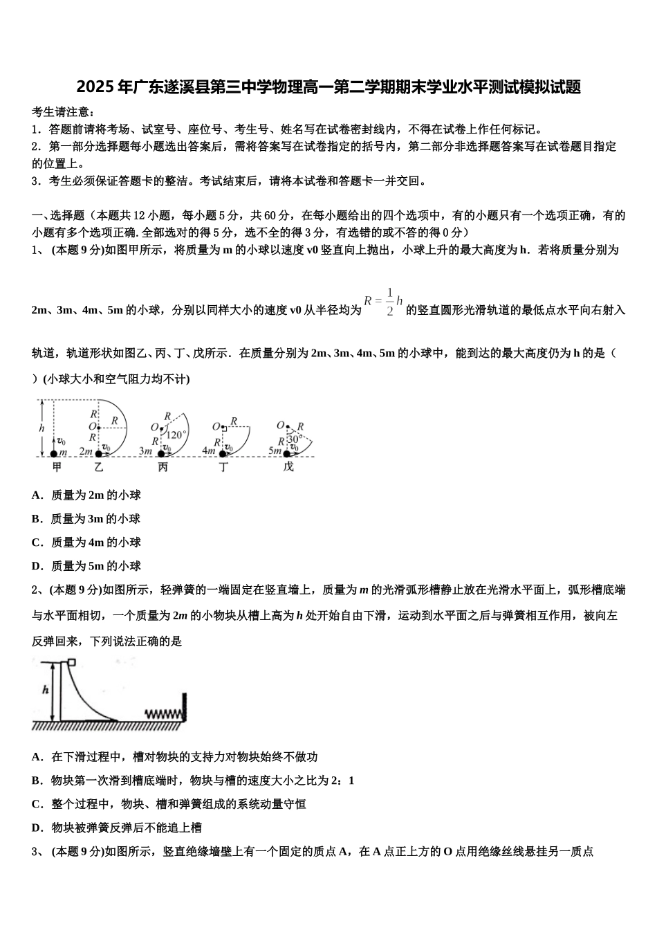 2025年广东遂溪县第三中学物理高一第二学期期末学业水平测试模拟试题含解析_第1页