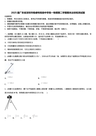 2025届广东省深圳市格睿特高级中学高一物理第二学期期末达标检测试题含解析