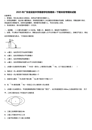 2025年广东省实验中学顺德学校物理高一下期末统考模拟试题含解析