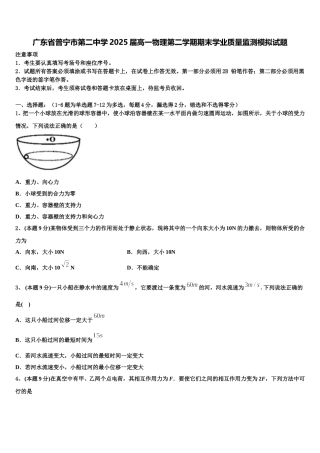 广东省普宁市第二中学2025届高一物理第二学期期末学业质量监测模拟试题含解析