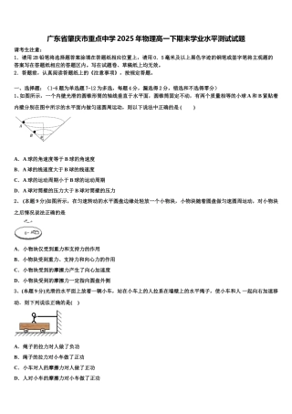 广东省肇庆市重点中学2025年物理高一下期末学业水平测试试题含解析
