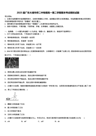 2025届广东大埔华侨二中物理高一第二学期期末考试模拟试题含解析