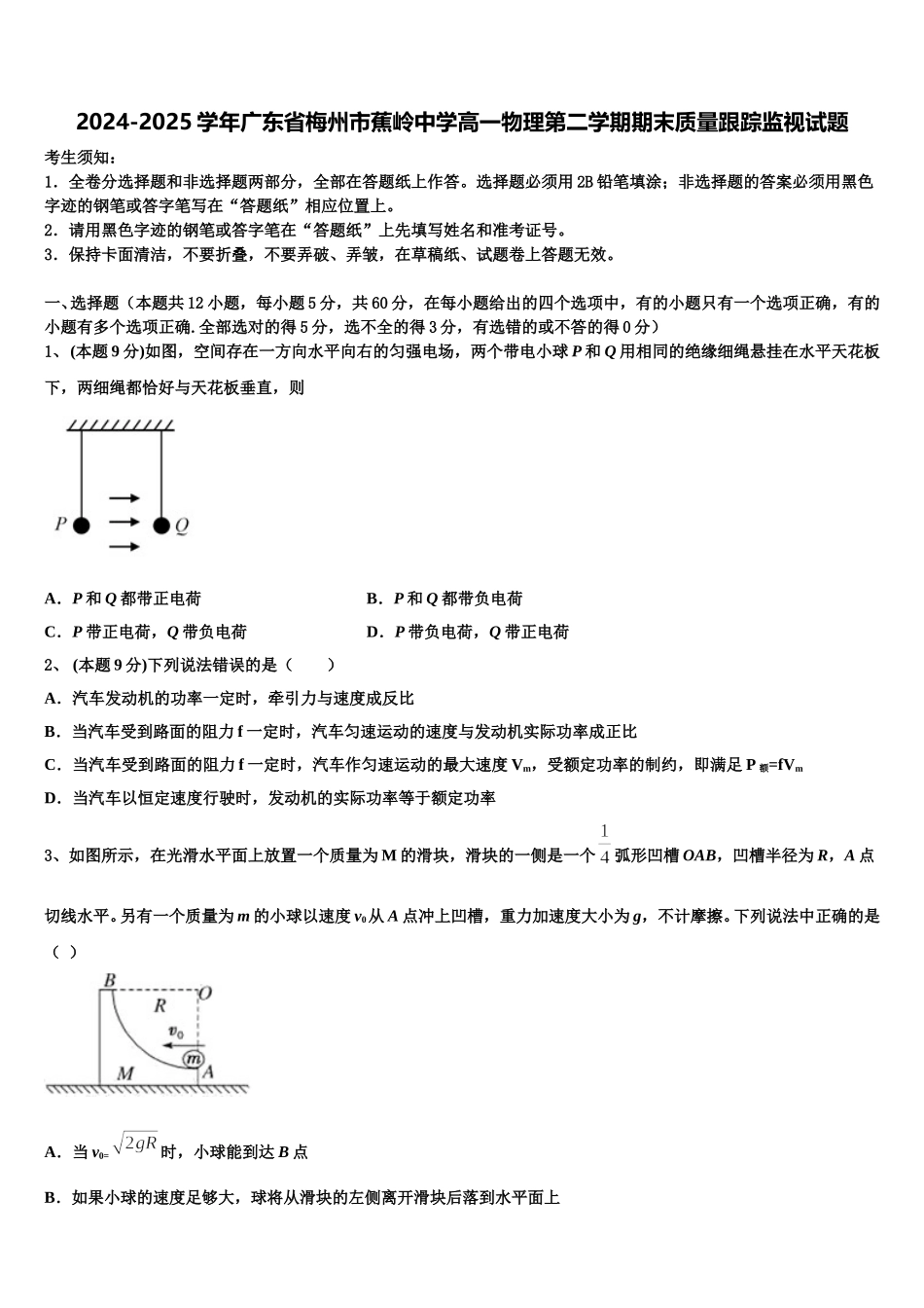 2024-2025学年广东省梅州市蕉岭中学高一物理第二学期期末质量跟踪监视试题含解析_第1页