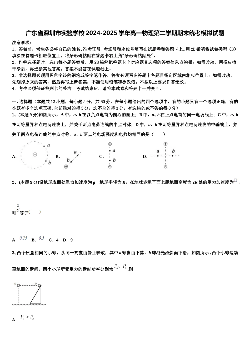 广东省深圳市实验学校2024-2025学年高一物理第二学期期末统考模拟试题含解析_第1页