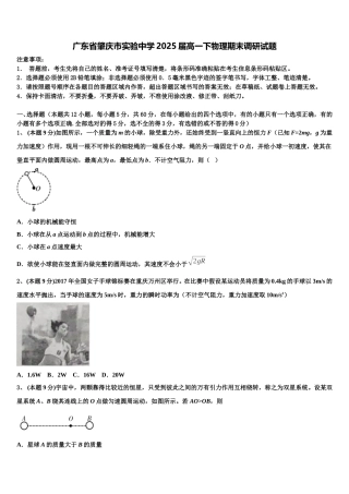 广东省肇庆市实验中学2025届高一下物理期末调研试题含解析