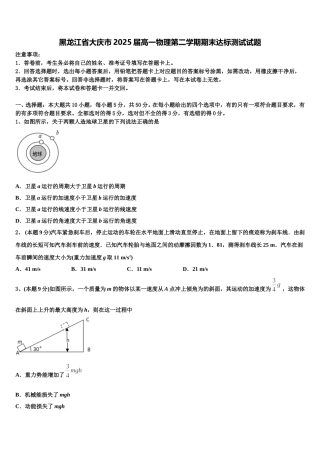 黑龙江省大庆市2025届高一物理第二学期期末达标测试试题含解析