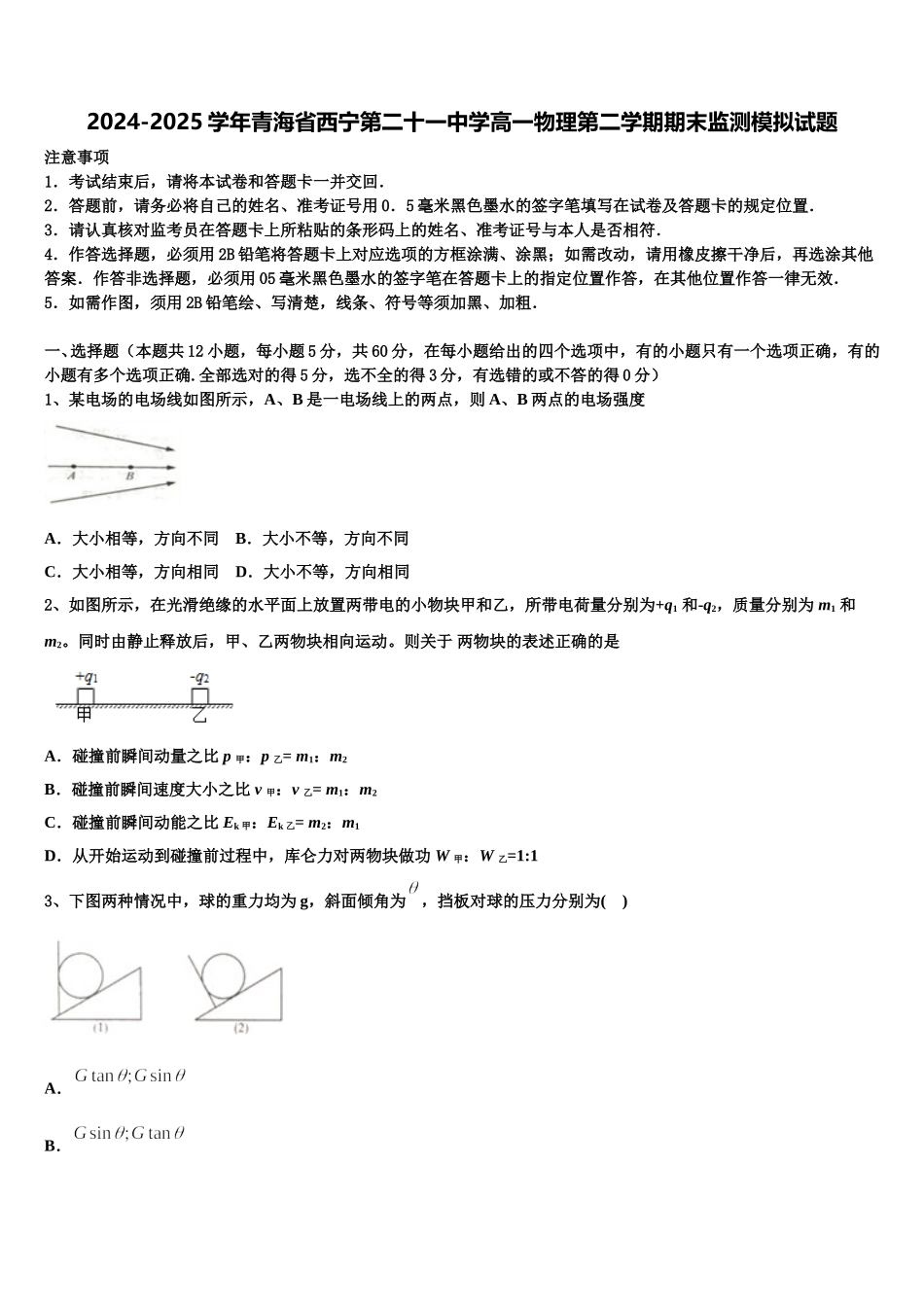 2024-2025学年青海省西宁第二十一中学高一物理第二学期期末监测模拟试题含解析_第1页