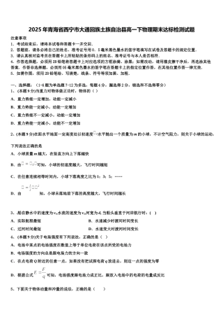 2025年青海省西宁市大通回族土族自治县高一下物理期末达标检测试题含解析
