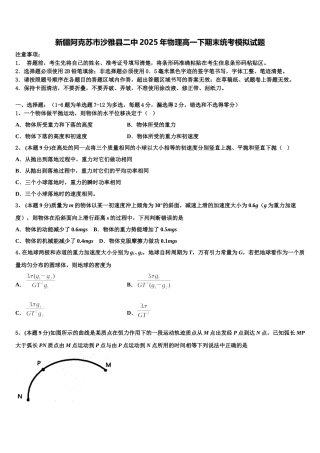 新疆阿克苏市沙雅县二中2025年物理高一下期末统考模拟试题含解析