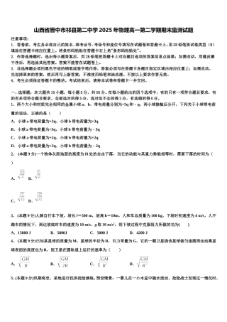 山西省晋中市祁县第二中学2025年物理高一第二学期期末监测试题含解析