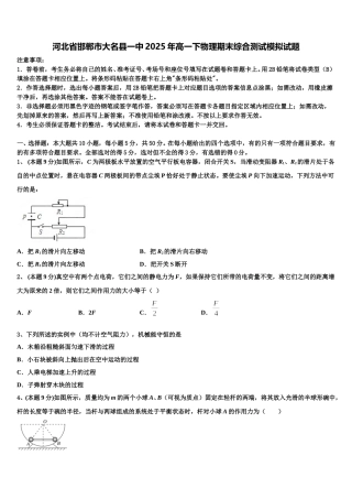 河北省邯郸市大名县一中2025年高一下物理期末综合测试模拟试题含解析