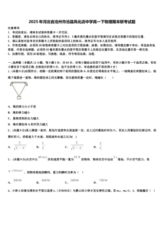 2025年河北省沧州市沧县凤化店中学高一下物理期末联考试题含解析