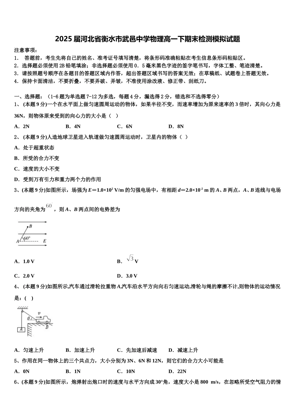 2025届河北省衡水市武邑中学物理高一下期末检测模拟试题含解析_第1页
