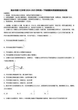 衡水市第十三中学2024-2025学年高一下物理期末质量跟踪监视试题含解析