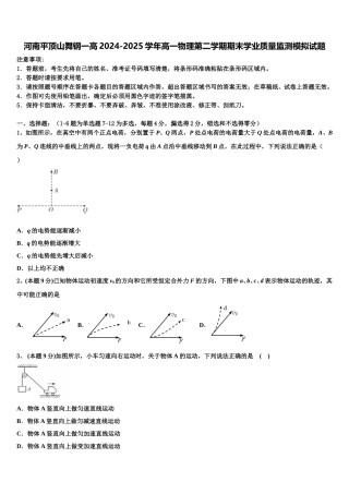 河南平顶山舞钢一高2024-2025学年高一物理第二学期期末学业质量监测模拟试题含解析