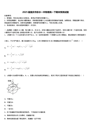 2025届重庆市彭水一中物理高一下期末预测试题含解析