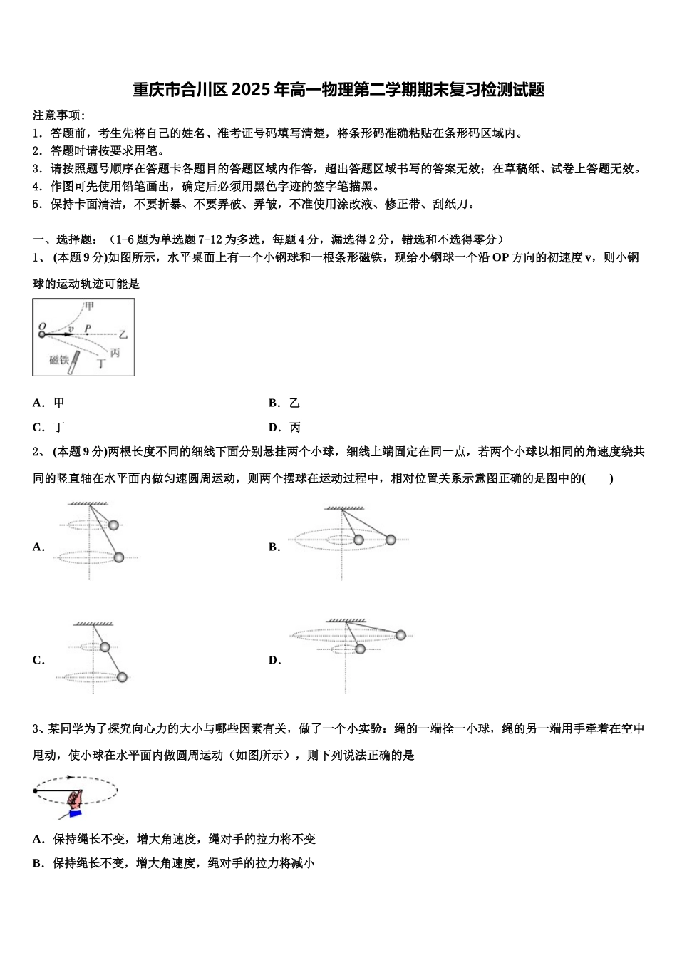重庆市合川区2025年高一物理第二学期期末复习检测试题含解析_第1页