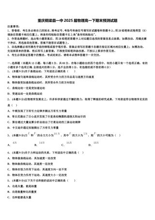 重庆铜梁县一中2025届物理高一下期末预测试题含解析