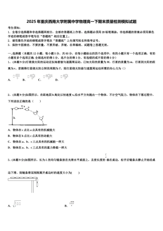 2025年重庆西南大学附属中学物理高一下期末质量检测模拟试题含解析