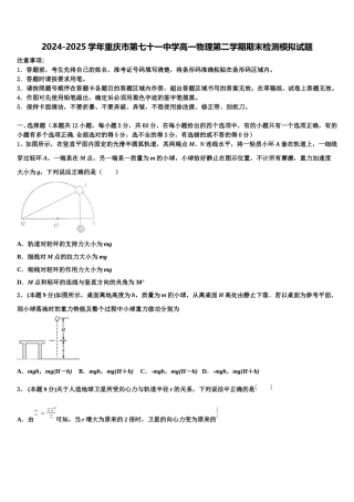 2024-2025学年重庆市第七十一中学高一物理第二学期期末检测模拟试题含解析
