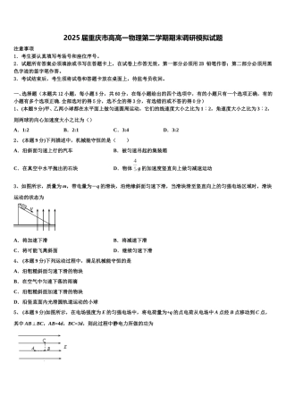 2025届重庆市高高一物理第二学期期末调研模拟试题含解析