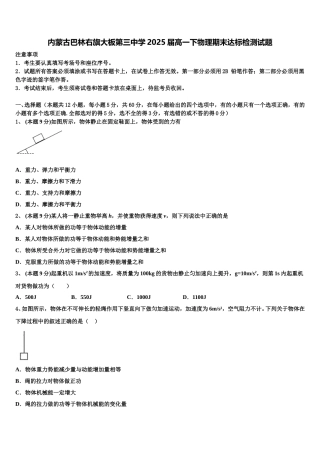 内蒙古巴林右旗大板第三中学2025届高一下物理期末达标检测试题含解析