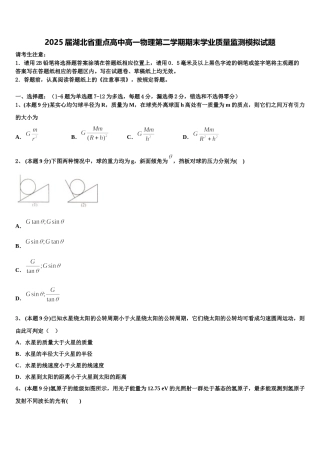 2025届湖北省重点高中高一物理第二学期期末学业质量监测模拟试题含解析