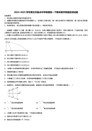 2024-2025学年黄石市重点中学物理高一下期末教学质量检测试题含解析