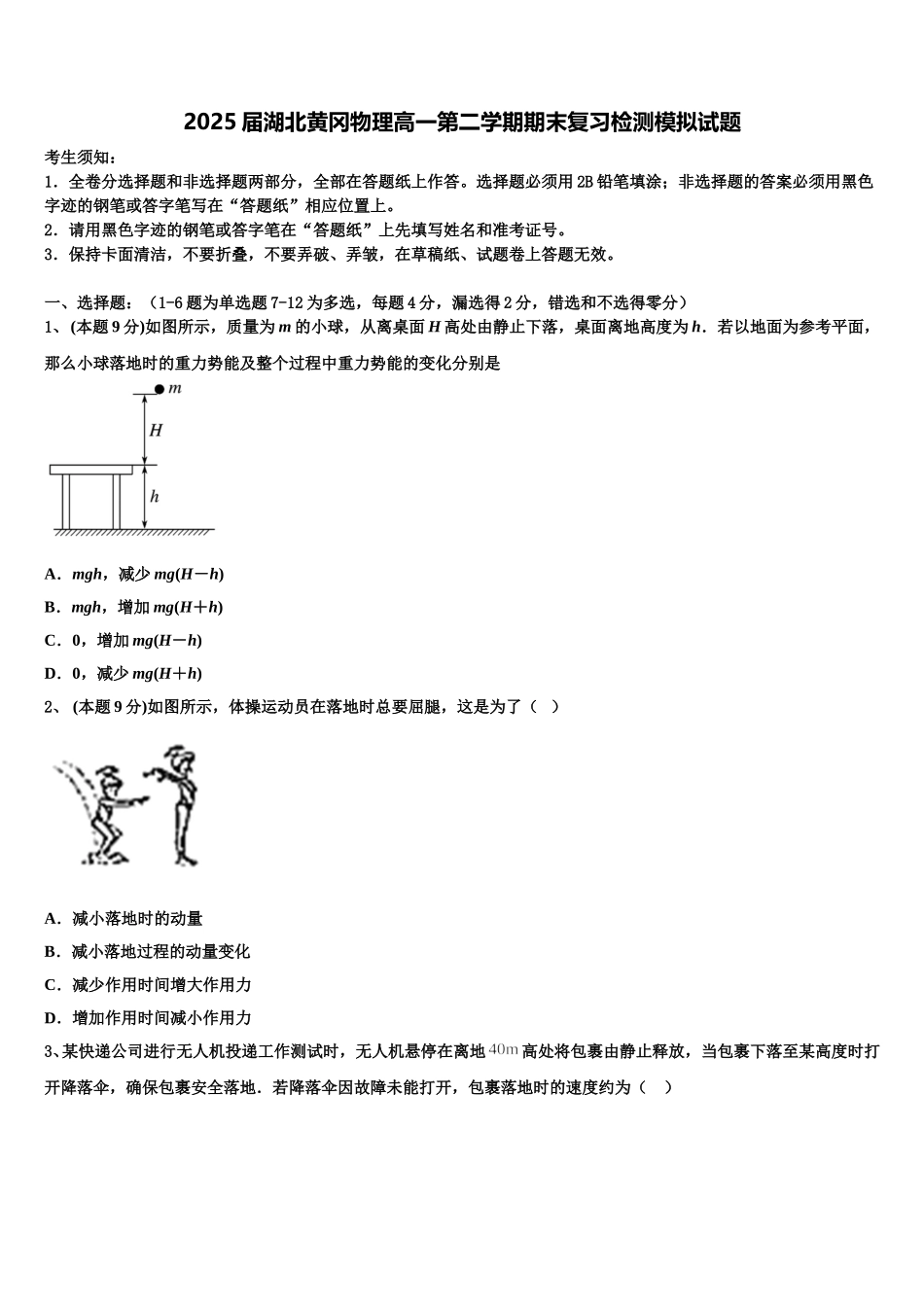 2025届湖北黄冈物理高一第二学期期末复习检测模拟试题含解析_第1页