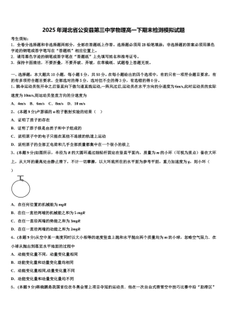 2025年湖北省公安县第三中学物理高一下期末检测模拟试题含解析