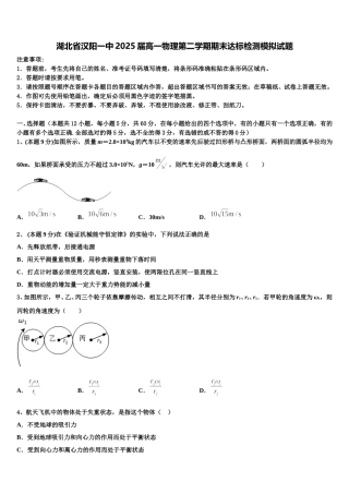 湖北省汉阳一中2025届高一物理第二学期期末达标检测模拟试题含解析