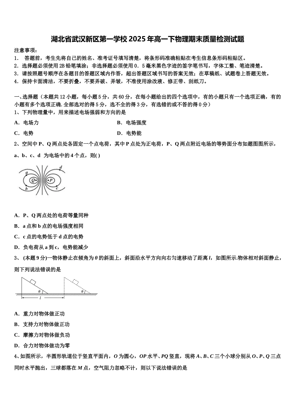 湖北省武汉新区第一学校2025年高一下物理期末质量检测试题含解析_第1页