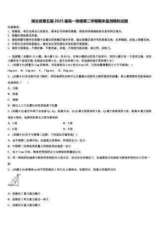 湖北省第五届2025届高一物理第二学期期末监测模拟试题含解析
