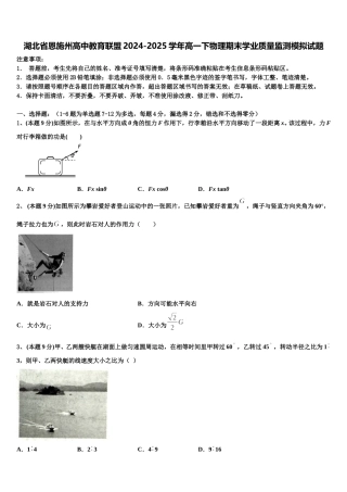 湖北省恩施州高中教育联盟2024-2025学年高一下物理期末学业质量监测模拟试题含解析