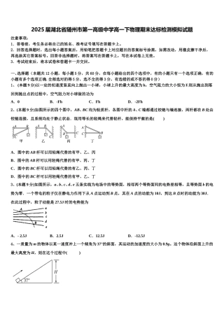 2025届湖北省随州市第一高级中学高一下物理期末达标检测模拟试题含解析