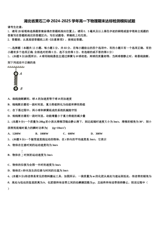 湖北省黄石二中2024-2025学年高一下物理期末达标检测模拟试题含解析