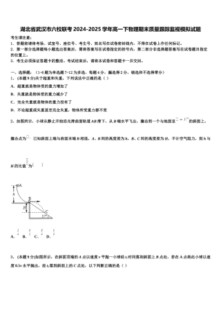 湖北省武汉市六校联考2024-2025学年高一下物理期末质量跟踪监视模拟试题含解析