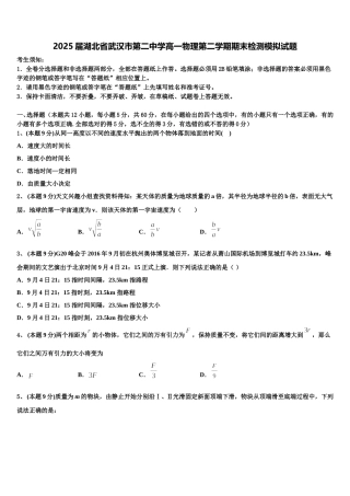 2025届湖北省武汉市第二中学高一物理第二学期期末检测模拟试题含解析