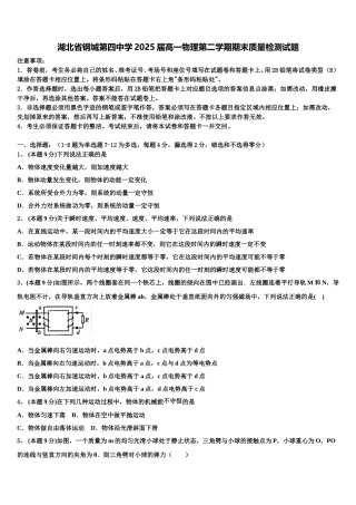 湖北省钢城第四中学2025届高一物理第二学期期末质量检测试题含解析